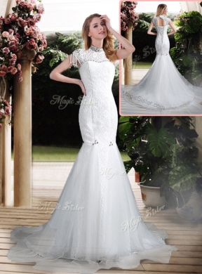 Luxurious Mermaid High Neck Beading Wedding Dresses with Brush Train