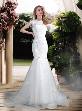 Luxurious Mermaid High Neck Beading Wedding Dresses with Brush Train