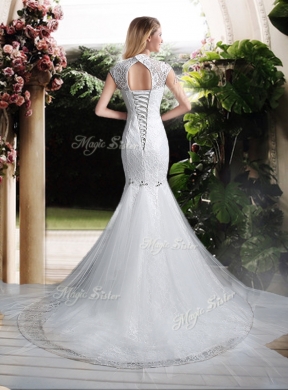 Luxurious Mermaid High Neck Beading Wedding Dresses with Brush Train