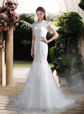 Luxurious Mermaid High Neck Beading Wedding Dresses with Brush Train