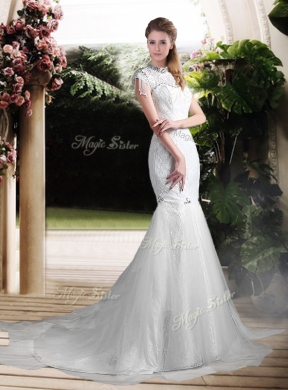 Luxurious Mermaid High Neck Beading Wedding Dresses with Brush Train