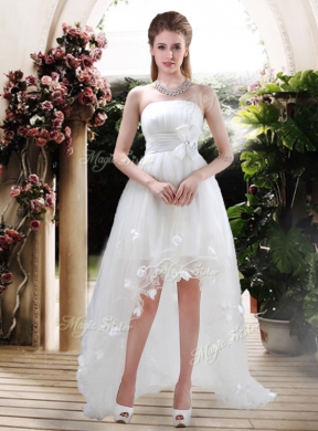 Modern Strapless Appliques and Belt Zipper Up Wedding Dresses with High Low