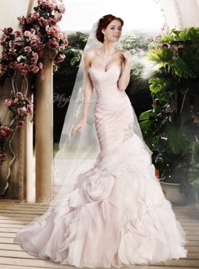 Modest Mermaid Beading and Ruffles Wedding Dresses with Brush Train