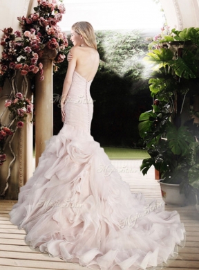 Modest Mermaid Beading and Ruffles Wedding Dresses with Brush Train