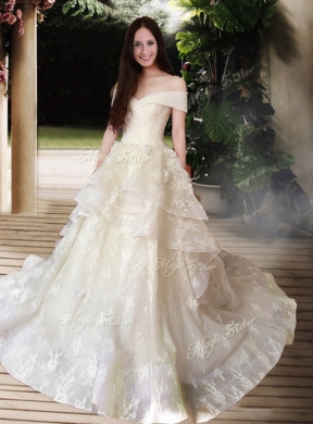 New Style A Line Court Train Wedding Dresses with Off the Shoulder