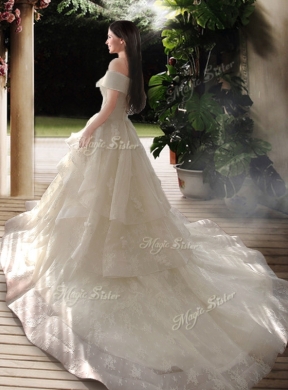 New Style A Line Court Train Wedding Dresses with Off the Shoulder