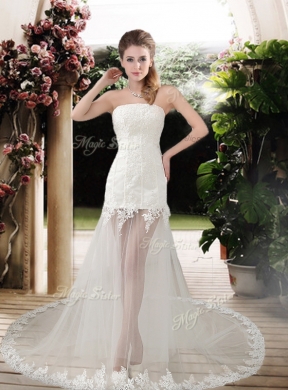 Popular See Through Empire Strapless Appliques Wedding Dresses with Court Train