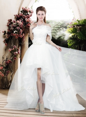 Pretty Appliques and Bowknot High Low Wedding Dresses with Cap Sleeves