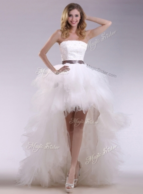 Romantic High Low Ruffles and Belt Wedding Dresses with Zipper Up