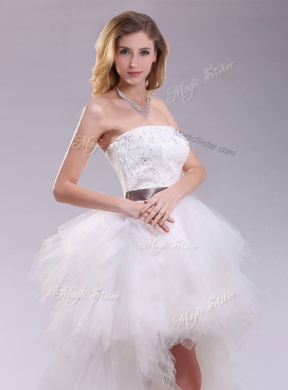 Romantic High Low Ruffles and Belt Wedding Dresses with Zipper Up