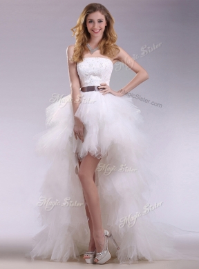 Romantic High Low Ruffles and Belt Wedding Dresses with Zipper Up