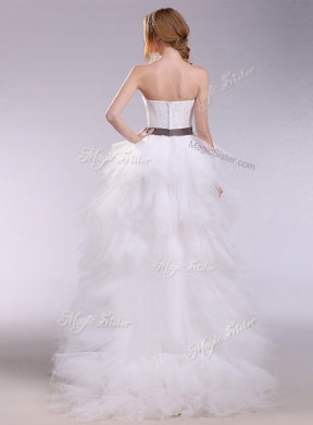 Romantic High Low Ruffles and Belt Wedding Dresses with Zipper Up