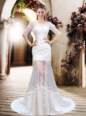 Exquisite Column Scoop Brush Train Appliques Wedding Dresses with Half Sleeves