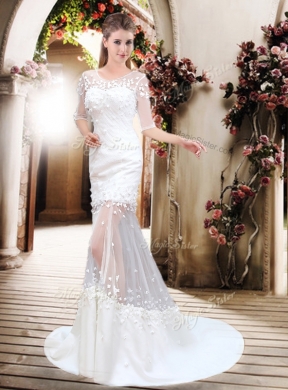 Exquisite Column Scoop Brush Train Appliques Wedding Dresses with Half Sleeves