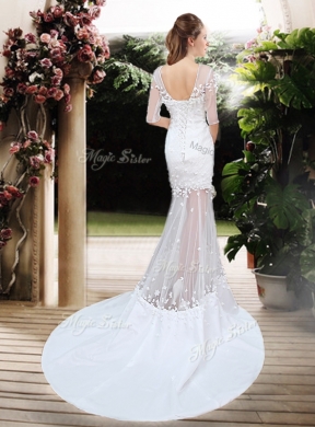 Exquisite Column Scoop Brush Train Appliques Wedding Dresses with Half Sleeves