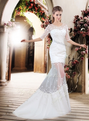 Exquisite Column Scoop Brush Train Appliques Wedding Dresses with Half Sleeves