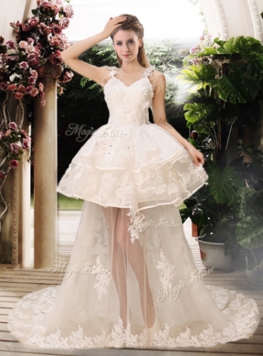 Latest Appliques Straps Wedding Dresses with Brush Train