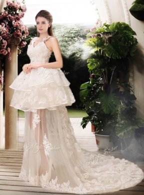 Latest Appliques Straps Wedding Dresses with Brush Train