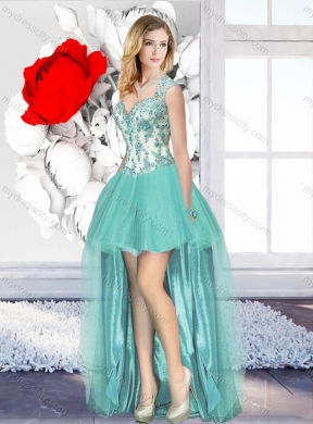 Aqua Blue High Low Cheap Prom Dresses with Appliques