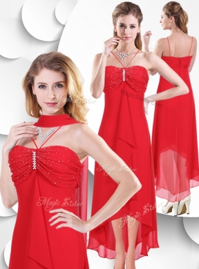 Best Spaghetti Straps High Low Red Prom Dress with Beading