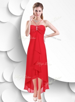 Best Spaghetti Straps High Low Red Prom Dress with Beading