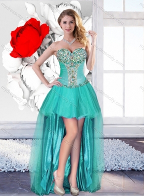 Exclusive Beaded Turquoise Prom Gowns with High Low