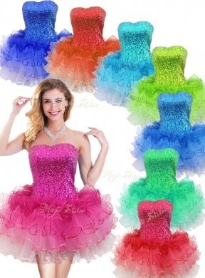 Colorful Strapless Short Bridesmaid Dress with Sequins and Ruffles