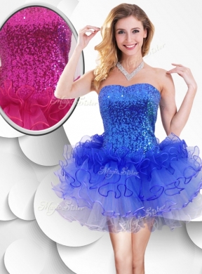 Colorful Strapless Short Bridesmaid Dress with Sequins and Ruffles