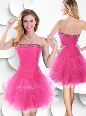 Luxurious Strapless Hot Pink Bridesmaid Dress with Beading and Ruffles