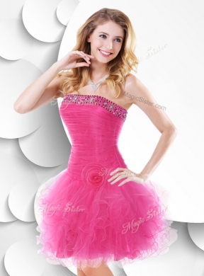 Luxurious Strapless Hot Pink Bridesmaid Dress with Beading and Ruffles