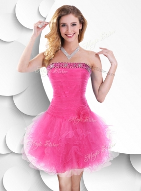 Luxurious Strapless Hot Pink Bridesmaid Dress with Beading and Ruffles