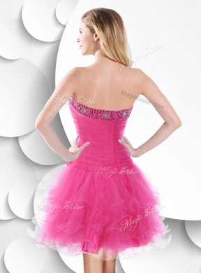 Luxurious Strapless Hot Pink Bridesmaid Dress with Beading and Ruffles