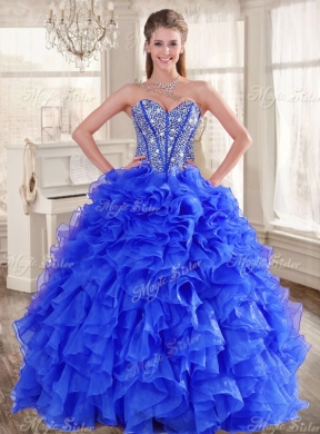 Big Puffy Beaded Blue Quinceanera Dress and Sequined Short  Dama Dresses Ruffled Mini Quinceanera Dress