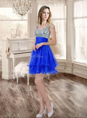 Big Puffy Beaded Blue Quinceanera Dress and Sequined Short  Dama Dresses Ruffled Mini Quinceanera Dress