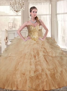 Classical Applique and Ruffled Champagne Sweet 16 Dress and Short Dama Dresses