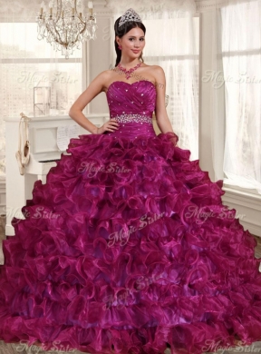 Gorgeous Ruffled and Beaded Fuchsia Quinceanera Dress and Laced Lavender Short Dama Dresses