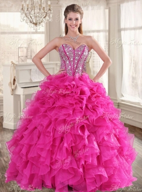 Pretty Hot Pink Beaded and Ruffled Quinceanera Dress and Short Sequined Dama Dresses and Strapless Mini Quinceanera Dress