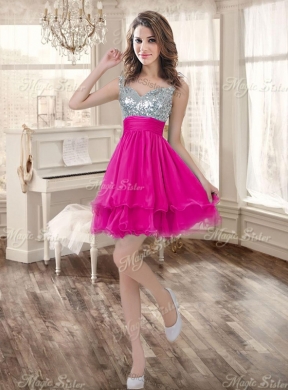 Pretty Hot Pink Beaded and Ruffled Quinceanera Dress and Short Sequined Dama Dresses and Strapless Mini Quinceanera Dress