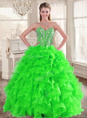 Really Puffy Spring Green Sweet 16 Dress and Sequined Short  Dama Dresses and Beaded and Ruffled Mini Quinceanera Dress