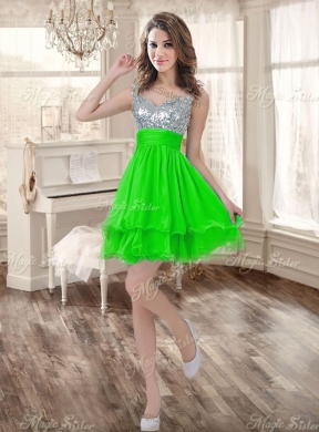 Really Puffy Spring Green Sweet 16 Dress and Sequined Short  Dama Dresses and Beaded and Ruffled Mini Quinceanera Dress