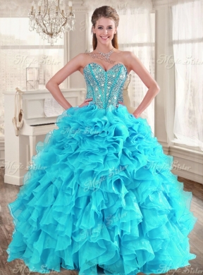 Visible Boning Aqua Blue Quinceanera Dress and Sequined Short  Dama Dresses Beaded and Ruffled Mini Quinceanera Dress