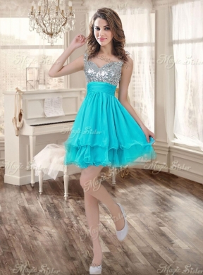 Visible Boning Aqua Blue Quinceanera Dress and Sequined Short  Dama Dresses Beaded and Ruffled Mini Quinceanera Dress