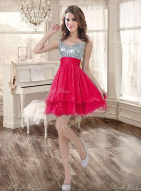 Visible Boning Coral Red Quinceanera Dress and Short Sequined Dama Dresses and Beaded and Ruffled Mini Quinceanera Dress