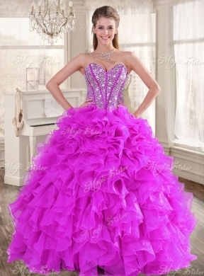 Visible Boning Fuchsia Sweet 16 Gown and Sequined Dama Dresses Beaded and Ruffled Mini Quinceanera Dress