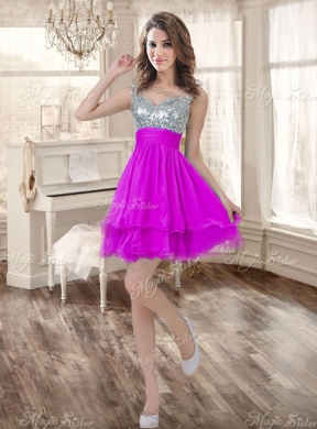 Visible Boning Fuchsia Sweet 16 Gown and Sequined Dama Dresses Beaded and Ruffled Mini Quinceanera Dress