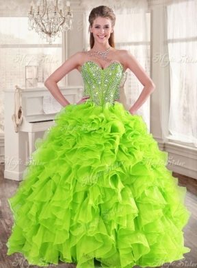 Visible Boning Yellow Green Quinceanera Gown and Sequined Short  Dama Dresses and Beaded and Ruffled Mini Quinceanera Dress