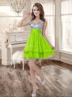 Visible Boning Yellow Green Quinceanera Gown and Sequined Short  Dama Dresses and Beaded and Ruffled Mini Quinceanera Dress