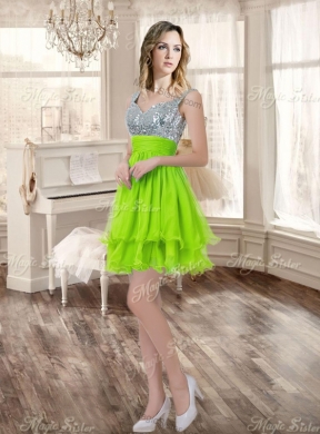 Visible Boning Yellow Green Quinceanera Gown and Sequined Short  Dama Dresses and Beaded and Ruffled Mini Quinceanera Dress