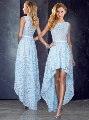 2016 Bateau High Low Light Blue Prom Dress in Lace