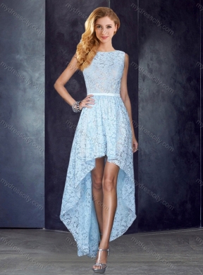 2016 Bateau High Low Light Blue Prom Dress in Lace